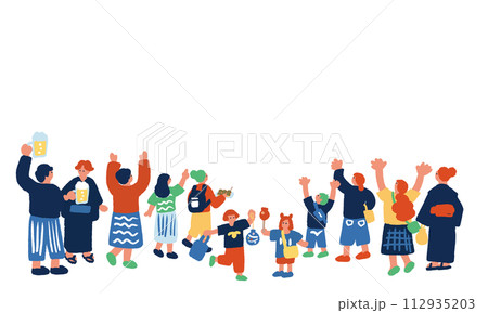 夏祭りを楽しむ人々のシンプルでカラフルなイラスト 夏祭りを楽しむ人々のシンプルでカラフルなイラスト 112935203