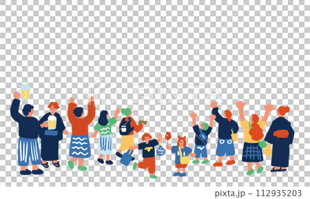 夏祭りを楽しむ人々のシンプルでカラフルなイラスト 夏祭りを楽しむ人々のシンプルでカラフルなイラスト 112935203