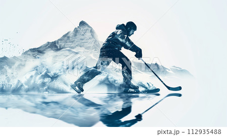 fierce ice hockey player executing a powerful slap shot , mountain silhouette double exposure, side view, icy blue tones, isolated. fierce ice hockey player executing a powerful slap shot , mountain silhouette double exposure, side view, icy blue tones, isolated. 112935488