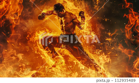 fierce MMA fighter launching a powerful kick, overlaid in double exposure with the roaring flames of a fire, symbolizing the intensity and heat of battle, set against an isolated background 112935489