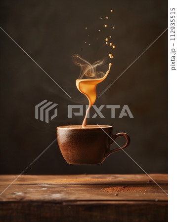 floating cup of coffee, with steam spiraling up from a perfectly poured latte, suspended above a rustic wooden table, studio lighting capturing the dynamic swirls against an isolated background 112935515