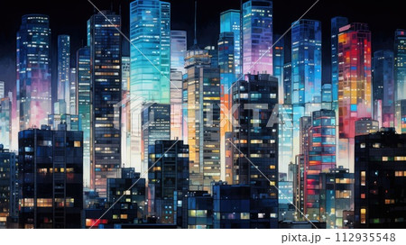 美しい夜のビル群の水彩画_4のイラスト素材 [112935548] - PIXTA