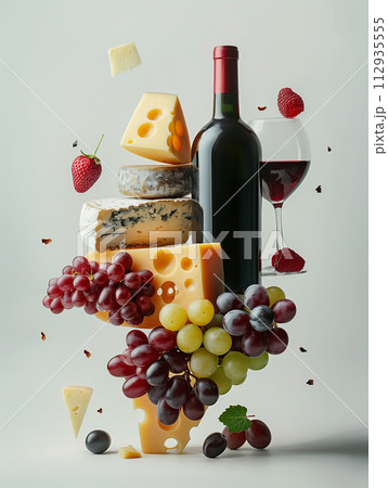 levitating cheese and wine pairing, an assortment of fine cheeses, grapes, and a bottle of red wine, all hovering elegantly, studio lighting casting soft, inviting shadows against an isolated 112935555