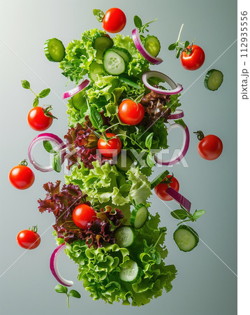 levitating garden salad, crisp lettuce, cherry tomatoes, cucumbers, and red onions, tossed and suspended in the air, studio lighting enhancing the fresh, vibrant colors against an isolated background 112935556