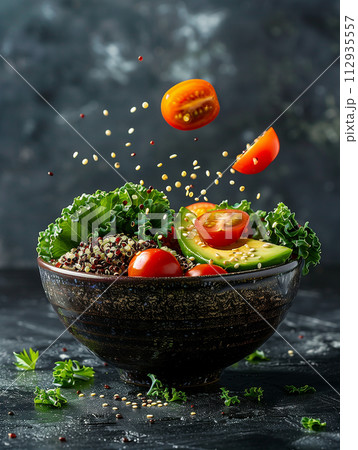 levitating vegan bowl, a colorful arrangement of quinoa, avocado slices, cherry tomatoes, and kale, floating piece by piece in a harmonious composition, illuminated by studio lighting against an 112935557