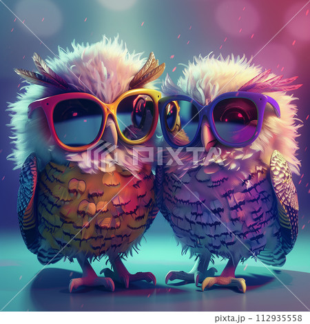 Lively, cute 3D owls wearing unique, colorful sunglasses, joyful and free, highlighted against an isolated setting 112935558