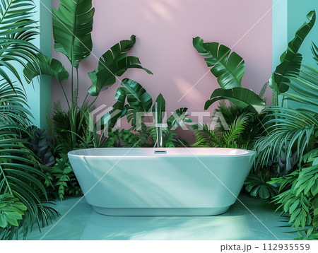 Pastel-colored bathroom with a freestanding tub, surrounded by vivid, lush green plants for relaxation 112935559