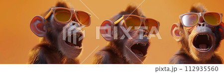 Playful 3D-rendered monkeys clad in radiant sunglasses, interacting joyfully on a clean, isolated stage 112935560