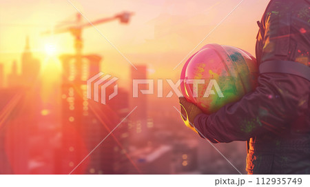 A close-up 3D render of a construction worker's hands holding a watercolor-painted hard hat, against a soft-focus city skyline at sunrise. Space at the bottom for text. Created Using: 3D modeling, 112935749