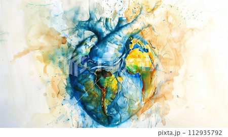 Earth's heart, pulsing in watercolor veins, close-up illustration, inviting impactful dialogue 112935792