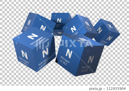 Nitrogen, 3D rendering of symbols of the elements of the periodic table, atomic number, atomic weight, name and symbol. Education, science and technology. 3D illustration 112935904