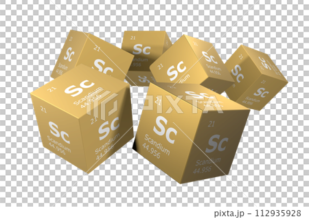 Scandium, 3D rendering of symbols of the elements of the periodic table, atomic number, atomic weight, name and symbol. Education, science and technology. 3D illustration 112935928