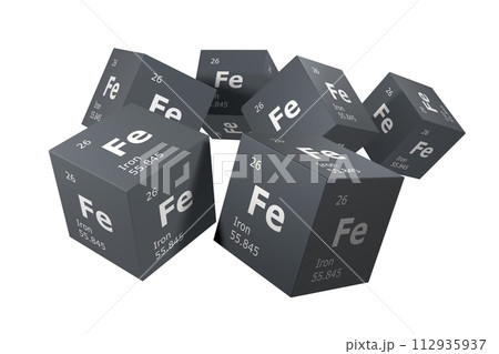 Iron; 3D rendering of symbols of the elements of the periodic table, atomic number, atomic weight, name and symbol. Education, science and technology. 3D illustration Iron; 3D rendering of symbols of the elements of the periodic table, atomic number, atomic weight, name and symbol. Education, science and technology. 3D illustration 112935937