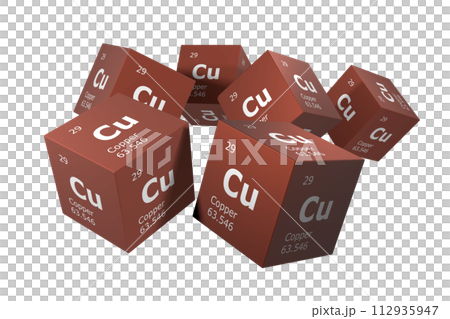 Copper, 3D rendering of symbols of the elements of the periodic table, atomic number, atomic weight, name and symbol. Education, science and technology. 3D illustration 112935947