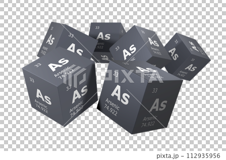 Arsenic, 3D rendering of symbols of the elements of the periodic table, atomic number, atomic weight, name and symbol. Education, science and technology. 3D illustration 112935956