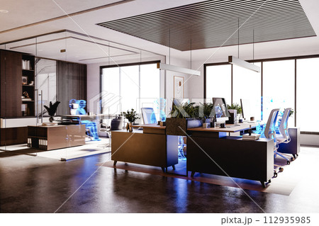 Modern workplace with human holograms sitting on chairs, AI concept. 3d render Modern workplace with human holograms sitting on chairs, AI concept. 3d render 112935985