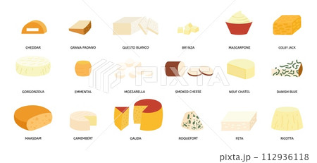 Cheese collection. Different cheeses placard, dairy farm products. Fresh tasty curd food, italian french cuisine ingredients. Isolated decent vector clipart 112936118