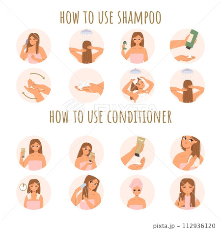 Cartoon girl caring hair. Using shampoo and conditioner step by step instructions. Head health, daily routine beauty procedures, snugly vector set 112936120