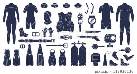 Flat diving black icons. Scuba divers suits, tools and equipment. Snorkeling accessories for underwater activity. Water masks, decent vector collection Flat diving black icons. Scuba divers suits, tools and equipment. Snorkeling accessories for underwater activity. Water masks, decent vector collection 112936130