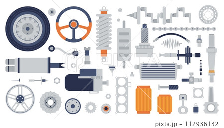Mechanical spare parts. Different machine spare flat icons. Mechanism collection, gears, wheels and joints. Isolated decent repair service clipart Mechanical spare parts. Different machine spare flat icons. Mechanism collection, gears, wheels and joints. Isolated decent repair service clipart 112936132