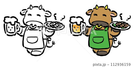 焼肉とビールを持った牛の店員のキャラクターイラスト・線画セットの