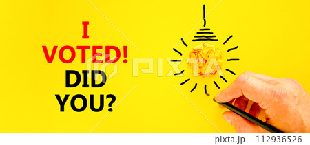 I voted. Did you symbol. Concept words I voted. Did you on beautiful yellow paper. Beautiful yellow background. Yellow light bulb icon. Businessman hand. Business I voted. Did you concept. Copy space. I voted. Did you symbol. Concept words I voted. Did you on beautiful yellow paper. Beautiful yellow background. Yellow light bulb icon. Businessman hand. Business I voted. Did you concept. Copy space. 112936526
