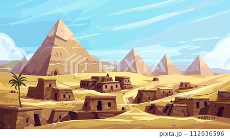 AI-generated content. Pyramids in desert illustration. Stone homes of poor people in sands. Archeology place on east region. Tombs, tourism and travel vector landscape AI-generated content. Pyramids in desert illustration. Stone homes of poor people in sands. Archeology place on east region. Tombs, tourism and travel vector landscape 112936596