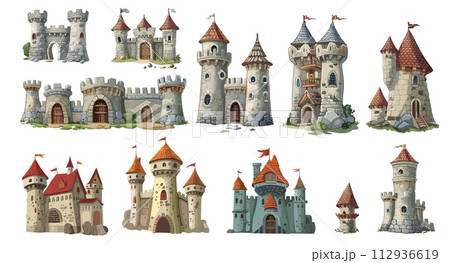 AI-generated content. Medieval stone castles and towers. Cartoon castle, old tower with stones and grass. Kingdom houses for king and queen, vector set AI-generated content. Medieval stone castles and towers. Cartoon castle, old tower with stones and grass. Kingdom houses for king and queen, vector set 112936619