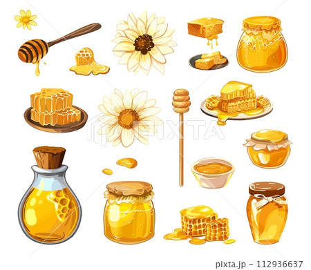 AI-generated content. Honey cartoon elements. Isolated glass jars, honeycombs and liquids drops. Sweet natural dessert, beekeeping ingredients, vector collection 112936637