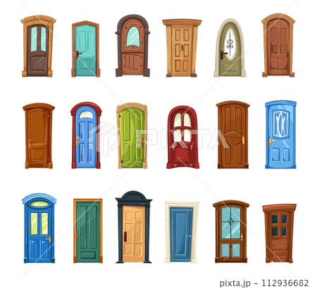 AI-generated content. Different cartoon doors. Isolated door entry, architecture decorative elements for houses and buildings. Colorful outdoor interior design, vector collection AI-generated content. Different cartoon doors. Isolated door entry, architecture decorative elements for houses and buildings. Colorful outdoor interior design, vector collection 112936682