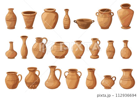 AI-generated content. Clay pots, vases and jugs. Ancient traditional east culture crockery and water jug. Isolated archeology treasures, ceramic vector collection 112936694
