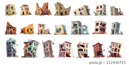 AI-generated content. Cartoon different houses ruins. Destroyed homes after earthquake bombing. Old abandoned buildings without residents. Time flow, vector elements 112936723