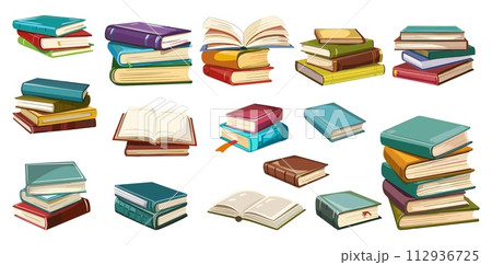 AI-generated content. Books collection. Isolated open and close book, notebook in piles and single. Education, library and school elements. Reading hobby, vector set 112936725
