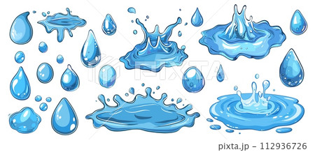 AI-generated content. Blue water splashes, puddles and drops. Liquid elements, isolated raindrops. Wet cartoon elements, decorative weather vector set 112936726
