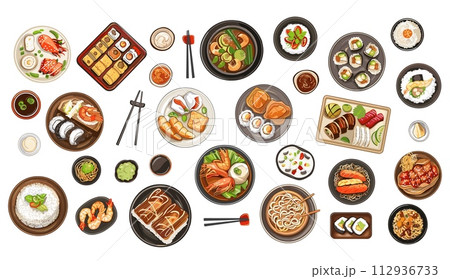 AI-generated content. Asian food top view. Isolated cartoon different east cuisine meals. Noodle, soup and sushi, vegan and dish with meat, seafood and rice. Vector set 112936733