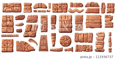 AI-generated content. Abstract cuneiform stone plates. Isolated akkadian sumerian or assyrian writing on stones. Clay sheets with ancient scripts, vector cartoon set AI-generated content. Abstract cuneiform stone plates. Isolated akkadian sumerian or assyrian writing on stones. Clay sheets with ancient scripts, vector cartoon set 112936737