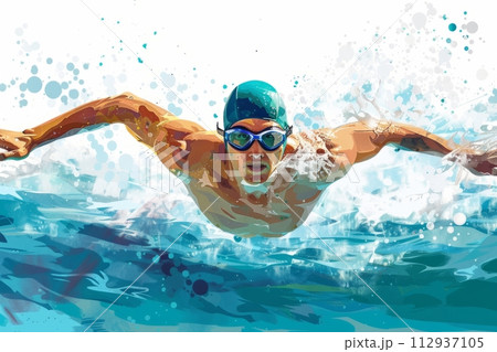 Illustration of an athlete male swimmer in the water on a white background, swimming competition 112937105
