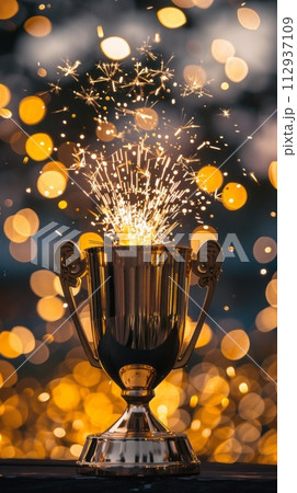 Shiny sparkling champion gold cup on bright background with sparkles and confetti, first place Trophy cup 112937109