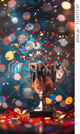Shiny sparkling silver champion cup on a bright background with sparkles and confetti and festive satin ribbons, second place trophy cup 112937110