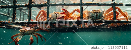 Iron traps cage with Red king crabs in the water, catching crabs from a ship, banner 112937111