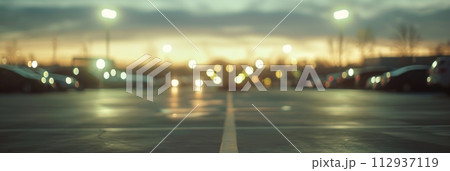 Blurred image of a parking lot, parking in the evening light in the fog 112937119