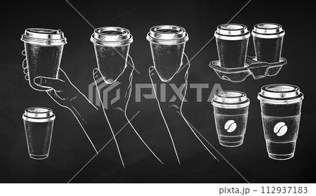 Takeaway coffee and hands holding paper cups Takeaway coffee and hands holding paper cups 112937183
