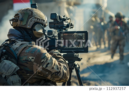 Military journalists in a combat zone at the front, dangerous journalism 112937257