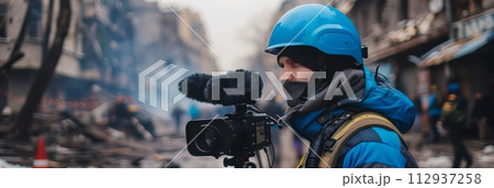 Military journalists in a combat zone at the front, dangerous journalism 112937258