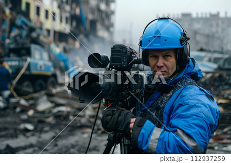 Military journalists in a combat zone at the front, dangerous journalism 112937259
