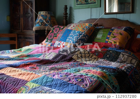 Bedroom with bed with patchwork quilt, colorful patchwork quilt 112937280