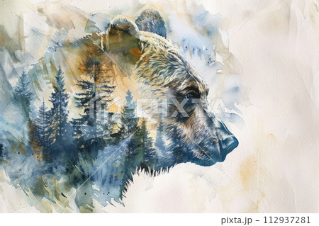 Watercolor illustration image with double exposure of the head of a forest predator bear and its forest habitat 112937281