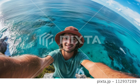 Happy young guy taking a selfie on the background of the sea 112937289