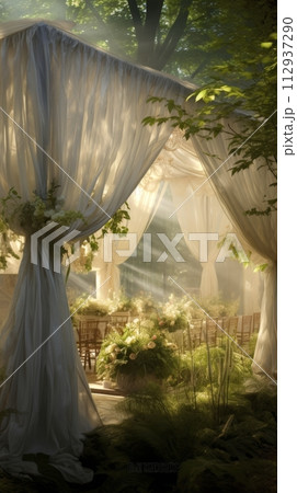 Wedding tent for celebrating a wedding in the summer outdoors, a festive indoor tent decorated with flowers 112937290