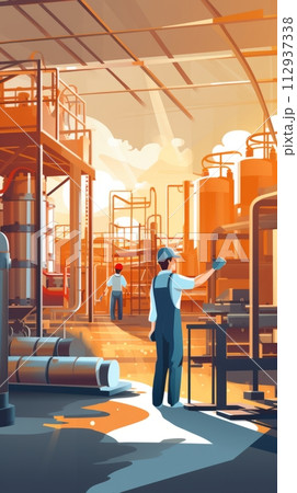 Illustration of a work process in a workshop, an engineer and a worker solving production problems 112937338